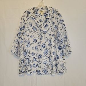 Cynthia Rowley Pullover V-neck Blue White Floral 100% Linen Tunic Women's 2X